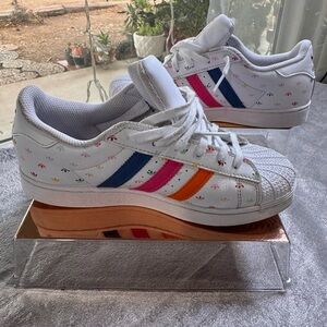 adidas Kids Sneakers White with Pink, Blue, and Orange Stripes